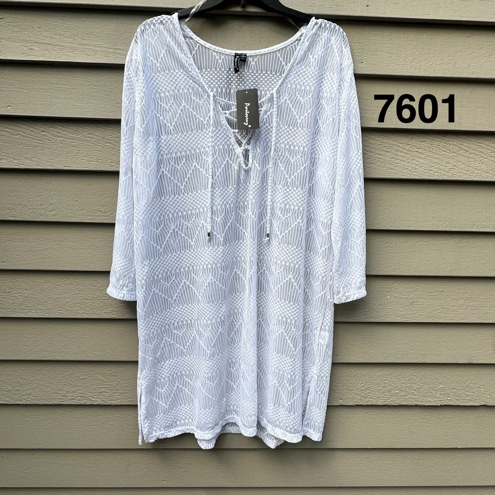 Portocruz White Lace Up Swim Coverup Tunic 3/4 Sleeve Plus Size 1X